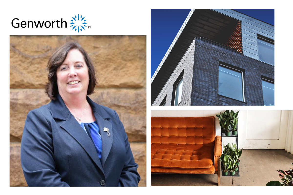 Collage image of Genworth Australia CEO Georgette Nicholas and a modern home's interior and exterior